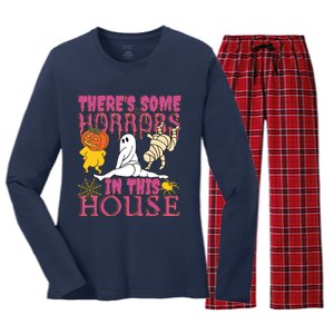 Theres Some Horrors In This House Ghost Pumpkin Halloween Women's Long Sleeve Flannel Pajama Set 