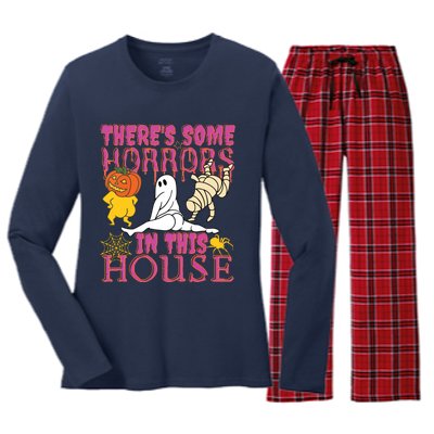 Theres Some Horrors In This House Ghost Pumpkin Halloween Women's Long Sleeve Flannel Pajama Set 