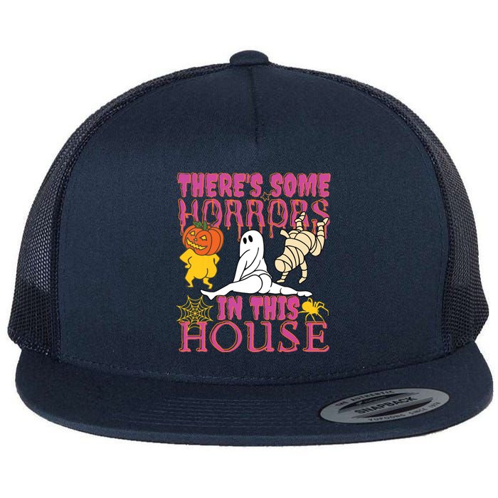 Theres Some Horrors In This House Ghost Pumpkin Halloween Flat Bill Trucker Hat