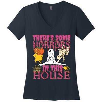 Theres Some Horrors In This House Ghost Pumpkin Halloween Women's V-Neck T-Shirt