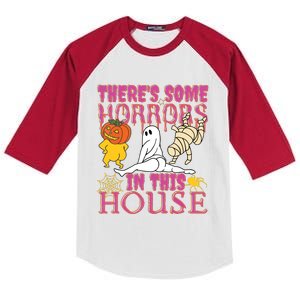 Theres Some Horrors In This House Ghost Pumpkin Halloween Kids Colorblock Raglan Jersey