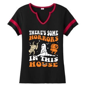 Theres Some Horrors In This House Ghost Pumpkin Halloween Ladies Halftime Notch Neck Tee