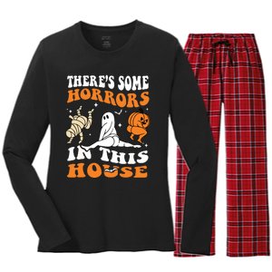 Theres Some Horrors In This House Ghost Pumpkin Halloween Women's Long Sleeve Flannel Pajama Set 