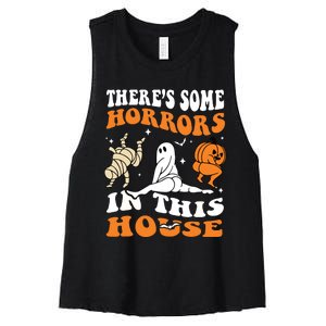 Theres Some Horrors In This House Ghost Pumpkin Halloween Women's Racerback Cropped Tank