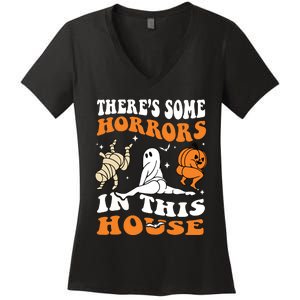 Theres Some Horrors In This House Ghost Pumpkin Halloween Women's V-Neck T-Shirt