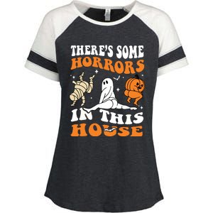 Theres Some Horrors In This House Ghost Pumpkin Halloween Enza Ladies Jersey Colorblock Tee