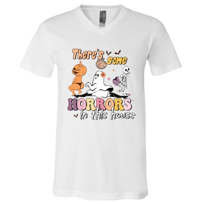 Theres Some Horrors In This House Ghost Pumpkin Halloween V-Neck T-Shirt