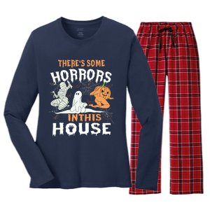 Theres Some Horrors In This House Halloween Pumpkin Ghost Women's Long Sleeve Flannel Pajama Set 