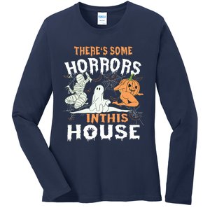 Theres Some Horrors In This House Halloween Pumpkin Ghost Ladies Long Sleeve Shirt