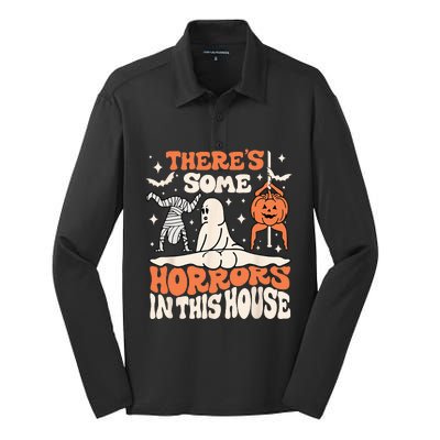 Theres Some Horrors In This House Ghost Pumpkin Halloween Silk Touch Performance Long Sleeve Polo