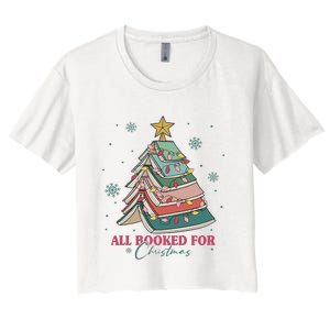 All Booked For Christmas, Christmas Book Tree Light, Funny Christmas,Christmas Gift, Christmas In July Women's Crop Top Tee