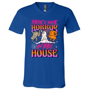 Theres Some Horrors In This House Ghost Pumpkin Halloween Gift V-Neck T-Shirt