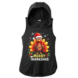 Turkey Santa Happy Merry Thanksmas Thanksgiving Christmas Ladies PosiCharge Tri-Blend Wicking Draft Hoodie Tank