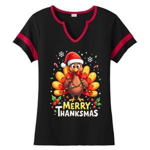 Turkey Santa Happy Merry Thanksmas Thanksgiving Christmas Ladies Halftime Notch Neck Tee