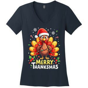 Turkey Santa Happy Merry Thanksmas Thanksgiving Christmas Women's V-Neck T-Shirt