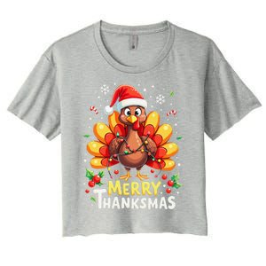 Turkey Santa Happy Merry Thanksmas Thanksgiving Christmas Women's Crop Top Tee