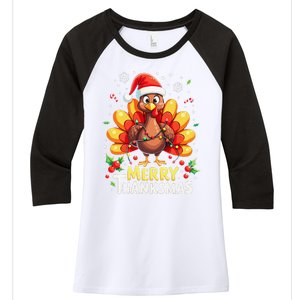 Turkey Santa Happy Merry Thanksmas Thanksgiving Christmas Women's Tri-Blend 3/4-Sleeve Raglan Shirt