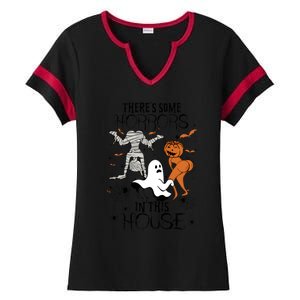 Theres Some Horrors In This House Halloween Funny Mummy Ghost Ladies Halftime Notch Neck Tee