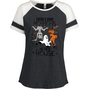 Theres Some Horrors In This House Halloween Funny Mummy Ghost Enza Ladies Jersey Colorblock Tee