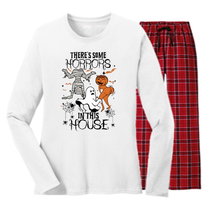 Theres Some Horrors In This House Halloween Funny Mummy Ghost Women's Long Sleeve Flannel Pajama Set 