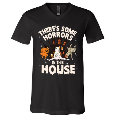 Theres Some Horrors In This House Pumpkin Ghost Halloween Funny Halloween V-Neck T-Shirt