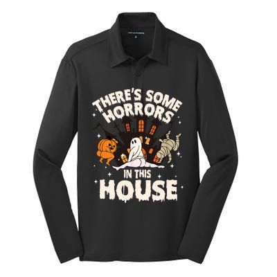 Theres Some Horrors In This House Pumpkin Ghost Halloween Funny Halloween Silk Touch Performance Long Sleeve Polo