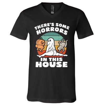 Theres Some Horrors In This House Funny Retro Halloween Boo Ghost V-Neck T-Shirt