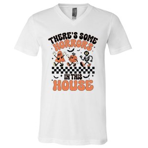 Theres Some Horrors In This House Ghost Pumpkin Halloween V-Neck T-Shirt