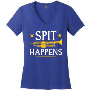 Trumpet Spit Happens Marching Band Jazz Music Women's V-Neck T-Shirt