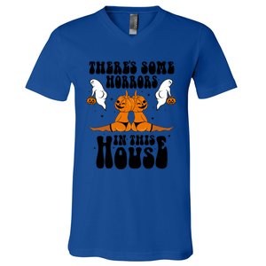 Theres Some Horrors In This House Pumpkin Halloween Funny Cool Gift V-Neck T-Shirt