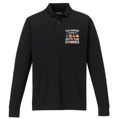 Tech Support Here To Delete Cookies Funny Christmas Xmas Performance Long Sleeve Polo