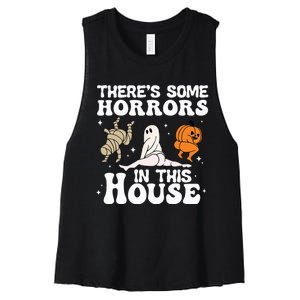 There's Some Horrors In This House Ghost Pumpkin Halloween Women's Racerback Cropped Tank