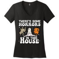 There's Some Horrors In This House Ghost Pumpkin Halloween Women's V-Neck T-Shirt