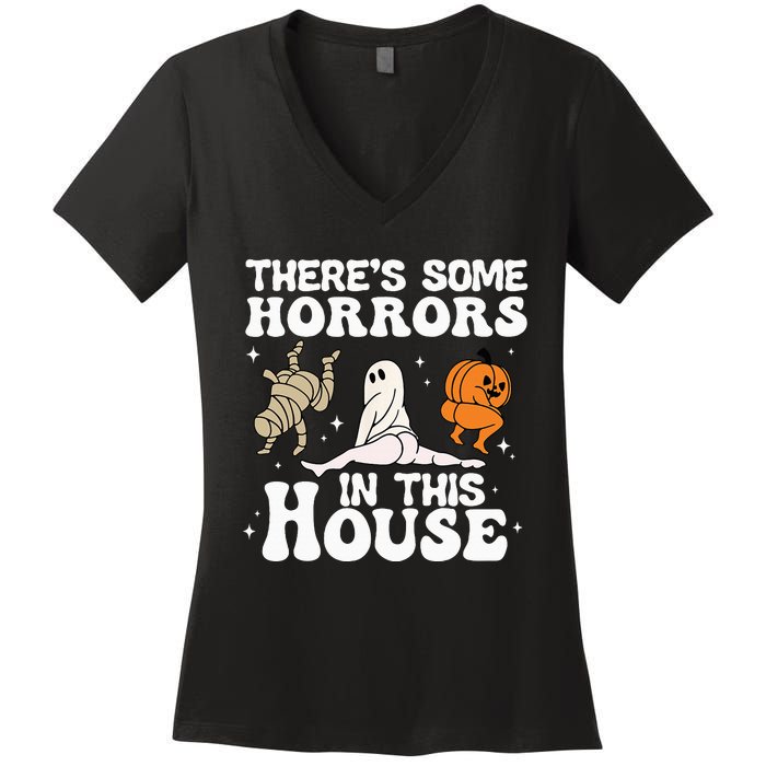 There's Some Horrors In This House Ghost Pumpkin Halloween Women's V-Neck T-Shirt