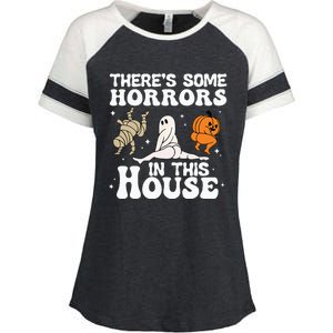 There's Some Horrors In This House Ghost Pumpkin Halloween Enza Ladies Jersey Colorblock Tee