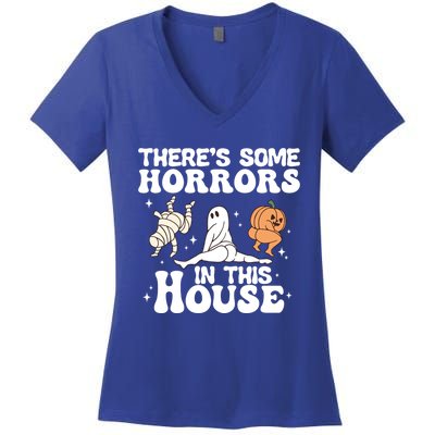 There’S Some Horrors In This House Funny Halloween Pumpkin Cute Gift Women's V-Neck T-Shirt