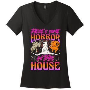 Theres Some Horrors In This House Ghost Pumpkin Halloween Women's V-Neck T-Shirt