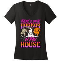 Theres Some Horrors In This House Ghost Pumpkin Halloween Women's V-Neck T-Shirt