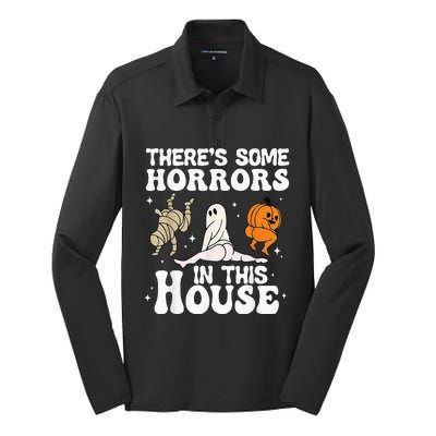 Theres Some Horrors In This House Ghost Pumpkin Halloween Silk Touch Performance Long Sleeve Polo