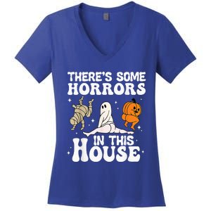 Theres Some Horrors In This House Ghost Pumpkin Halloween Women's V-Neck T-Shirt