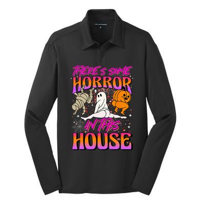 Theres Some Horrors In This House Ghost Pumpkin Halloween Silk Touch Performance Long Sleeve Polo