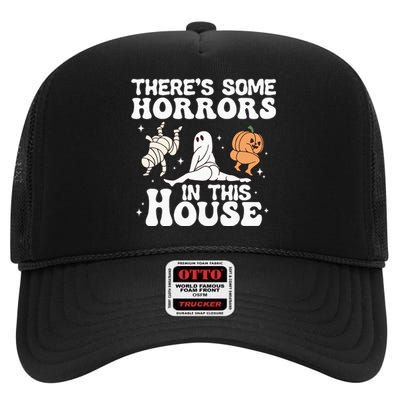 There’s Some Horrors In This House Funny Halloween Pumpkin High Crown Mesh Back Trucker Hat