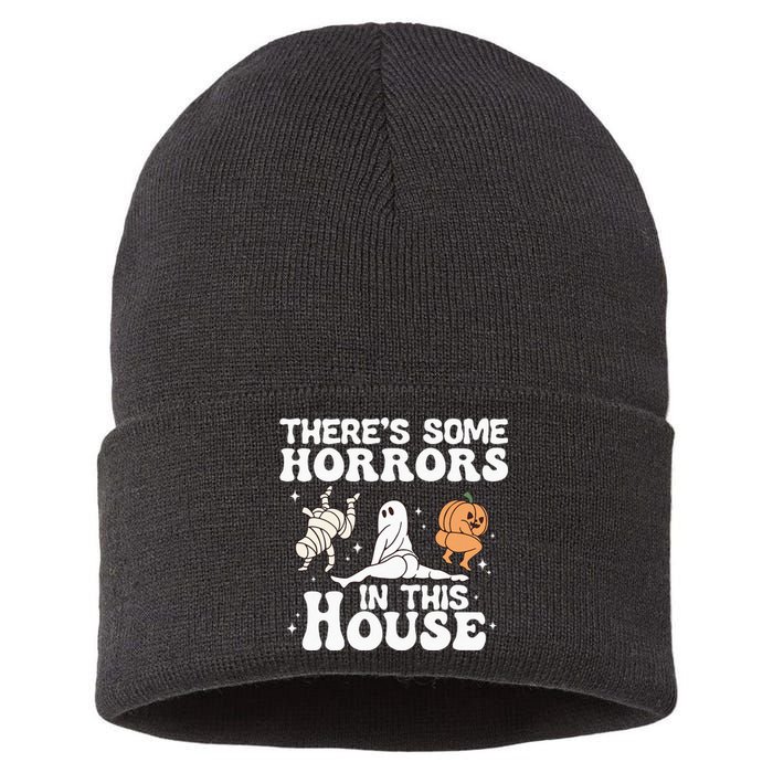 There’s Some Horrors In This House Funny Halloween Pumpkin Sustainable Knit Beanie