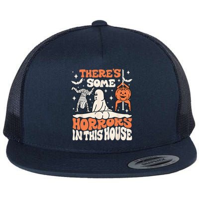 Theres Some Horrors In This House Ghost Pumpkin Halloween Flat Bill Trucker Hat