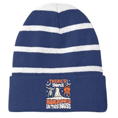 Theres Some Horrors In This House Ghost Pumpkin Halloween Striped Beanie with Solid Band