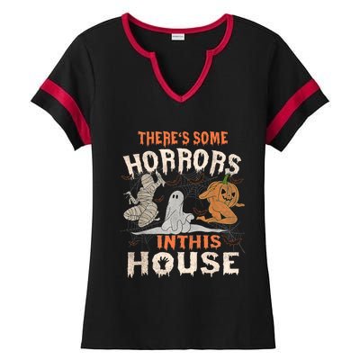 Theres Some Horrors In This House Halloween Pumpkin Ghost Trending Design Ladies Halftime Notch Neck Tee