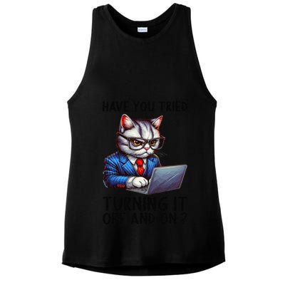 Tech Support Humor I Cat Tech Engineer I Computer It Guy Ladies PosiCharge Tri-Blend Wicking Tank