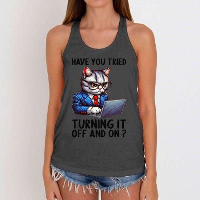 Tech Support Humor I Cat Tech Engineer I Computer It Guy Women's Knotted Racerback Tank
