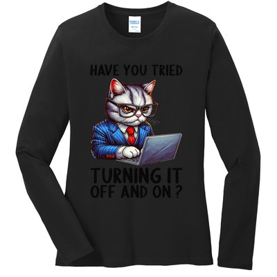 Tech Support Humor I Cat Tech Engineer I Computer It Guy Ladies Long Sleeve Shirt