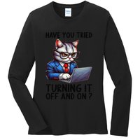 Tech Support Humor I Cat Tech Engineer I Computer It Guy Ladies Long Sleeve Shirt